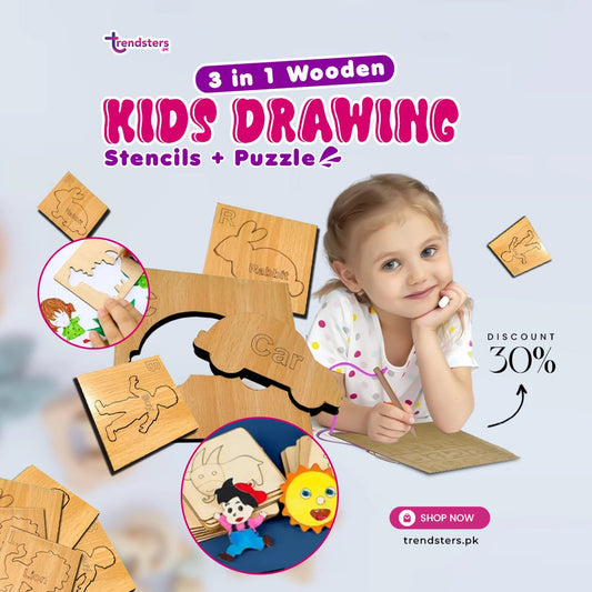 3 in 1 Wooden Kids Drawing Stencils + Puzzle